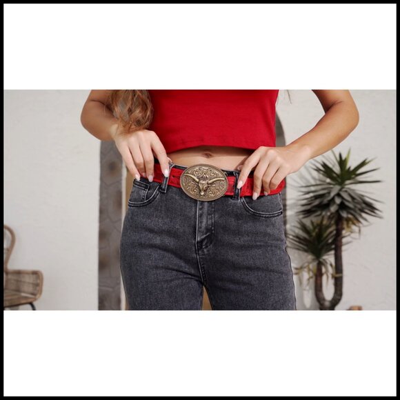 Western Leather Belt Strap Floral Embossed Faux Leather Snap Closure - Picture 6 of 7